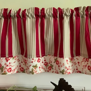 Red,cream,green stripes upholstery valance. Scalloped valance with flowers border. French country decor.