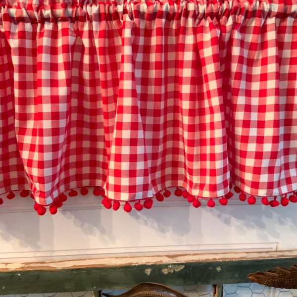 Red white plaid farmhouse valance. Red pom pom valance.