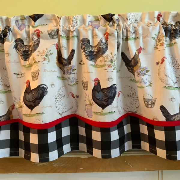 French country roosters valance. Scalloped with black white plaid valance