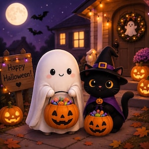 May include: A white ghost character and a black cat wearing a purple witch hat and cape, both holding orange jack-o'-lantern candy buckets filled with colourful sweets. A wooden sign reads Happy Halloween, with pumpkins and a ghost wreath nearby.