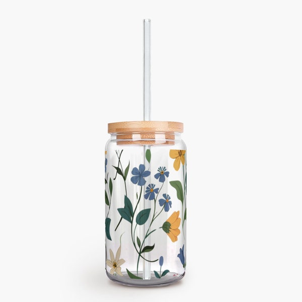16oz Flower Transparent See Through Cute Glass Libby Soda Can Cup With Bamboo Lid And Straw