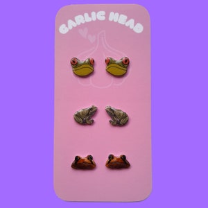 Pode incluir: Um conjunto de seis brincos de pressão com tema de sapo em um cartão rosa com o texto "GARLIC HEAD". Os brincos apresentam três designs de sapo diferentes: um sapo verde com olhos vermelhos, um sapo marrom e um sapo marrom com olhos laranja.