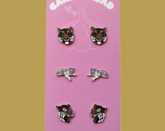 Tiger Earrings Set of 3 | Hand Drawn Stud or Dangle Earrings | Big Cat Jewellery | Tiger Lover Gift | Unique Handmade Wildlife Earrings