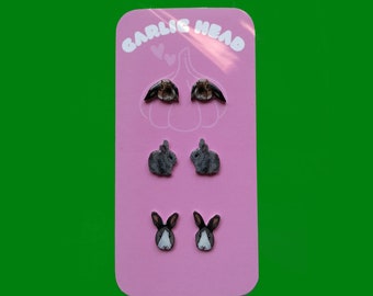 Rabbit Pet Earrings - Stud Dangle Earrings - Set of Three - Single Pair - Digitally Drawn - Personalised Gift - Birthday Christmas Gift