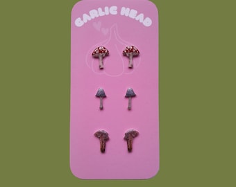 Mushroom Forest Earrings - Stud Dangle Earrings - Set of Three - Single Pair - Digitally Drawn - Personalised Gift - Birthday Christmas Gift