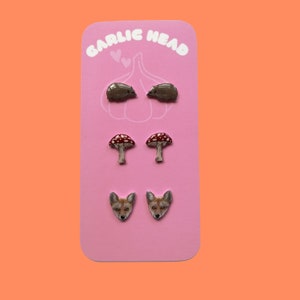 Woodland Forest Earrings - Stud Dangle Earrings - Set of Three - Single Pair - Digitally Drawn - Personalised Gift - Birthday Christmas Gift
