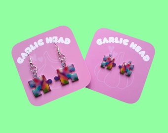 Jigsaw puzzle - Stud Dangle Earrings - Single Pair - Hand Drawn - Personalised Gift - Birthday Christmas Gift