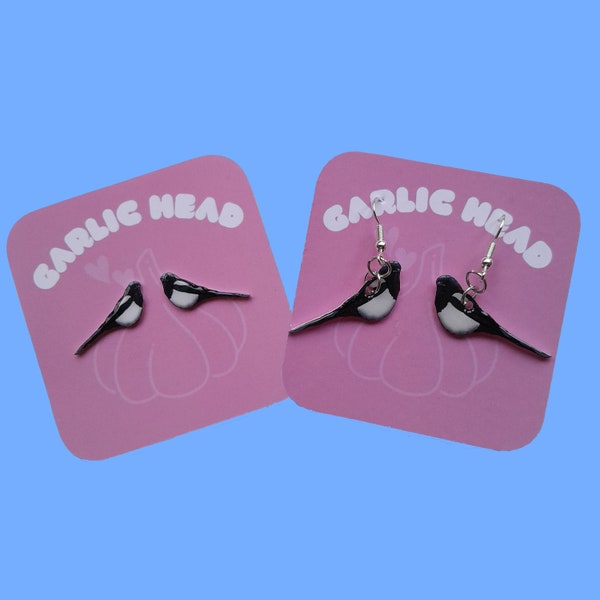 Magpie Earrings - Stud Dangle Earrings - Single Pair - Digitally Drawn - Personalised Gift - Birthday Christmas Gift