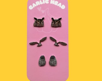 Owl Earrings Set Of 3 | Hand Drawn Stud or Dangle Earrings | Owl Jewellery | Owl Lover Gift | Unique Handmade Wildlife Earrings