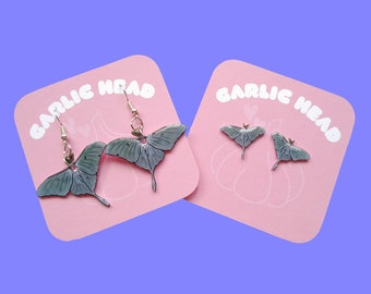 Luna Moth Earrings | Hand Drawn Stud or Dangle Earrings | Moth Jewellery | Luna Moth Lover Gift | Unique Handmade Wildlife Earrings