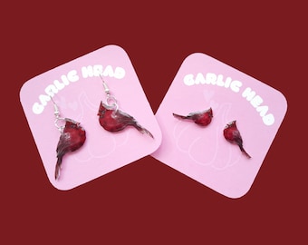 Pendientes de pájaro cardenal / Pendientes de botón o colgantes dibujados a mano / Joyería de aves / Regalo para amantes de los cardenales / Pendientes únicos de animales salvajes hechos a mano