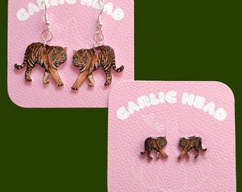 Tiger Earrings | Hand Drawn Stud or Dangle Earrings | Big Cat Jewellery | Tiger Lover Gift | Unique Handmade Wildlife Earrings