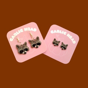 Raccoon - Stud Dangle Earrings - Single Pair - Hand Drawn - Personalised Gift - Birthday Christmas Gift