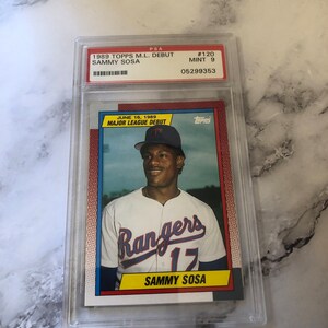 Cartão colecionável de beisebol Topps M.L. Debut Sammy Sosa #120 PSA Mint 9, item #ME393, de 1989