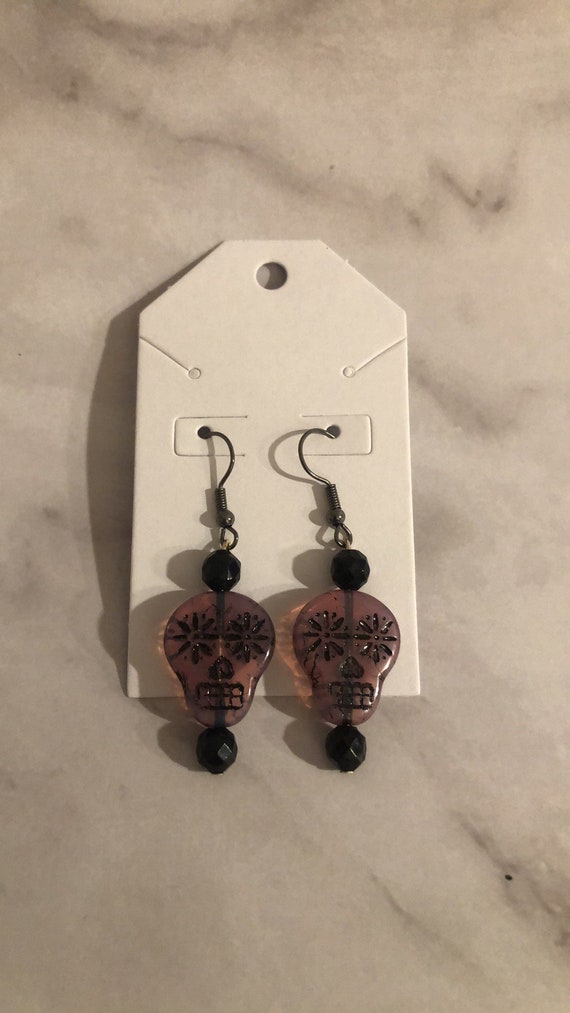 Handmade 2” Purple and Black Sugar Skull Earrings