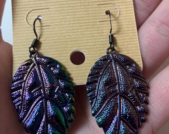 Dark Iridescent Leaf Earrings