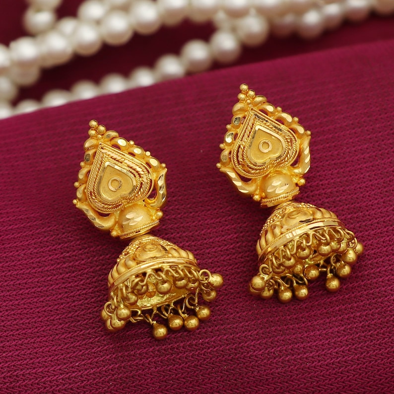 22k Yellow Gold Chandelier Earrings Jhumka Jewelry Handmade Etsy