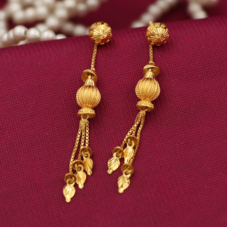 22k Gold Earrings Dainty Huggie Dangle Gold Chain Dangling Etsy