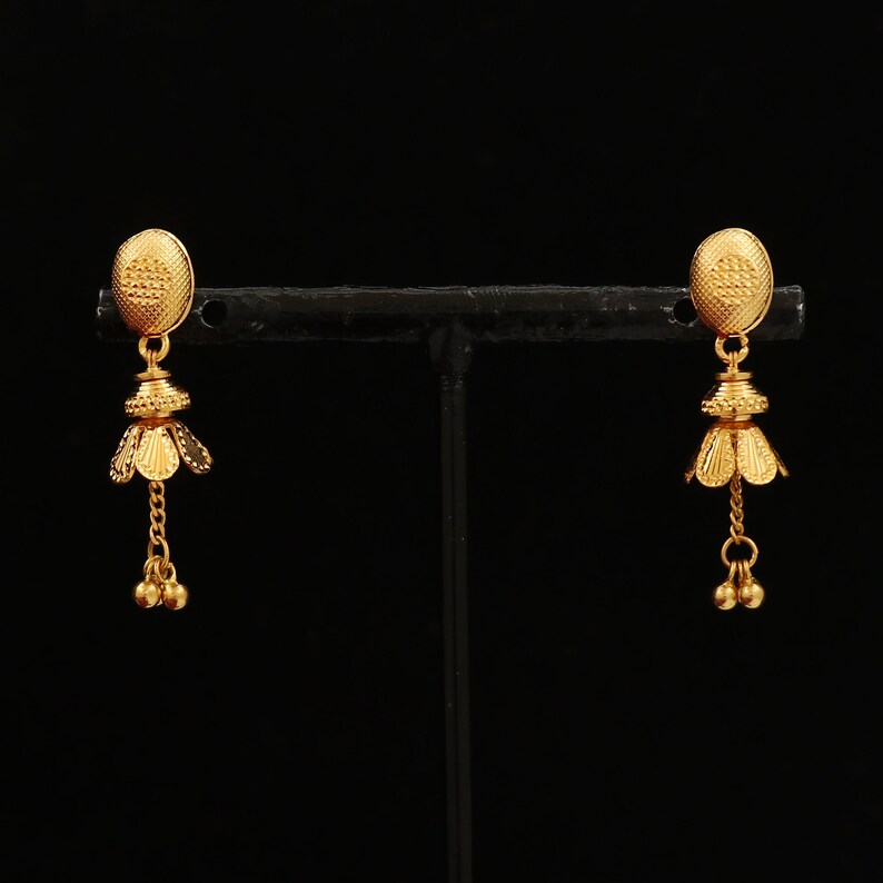 22k Gold Earrings Dainty Huggie Dangle Gold Chain Dangling Etsy