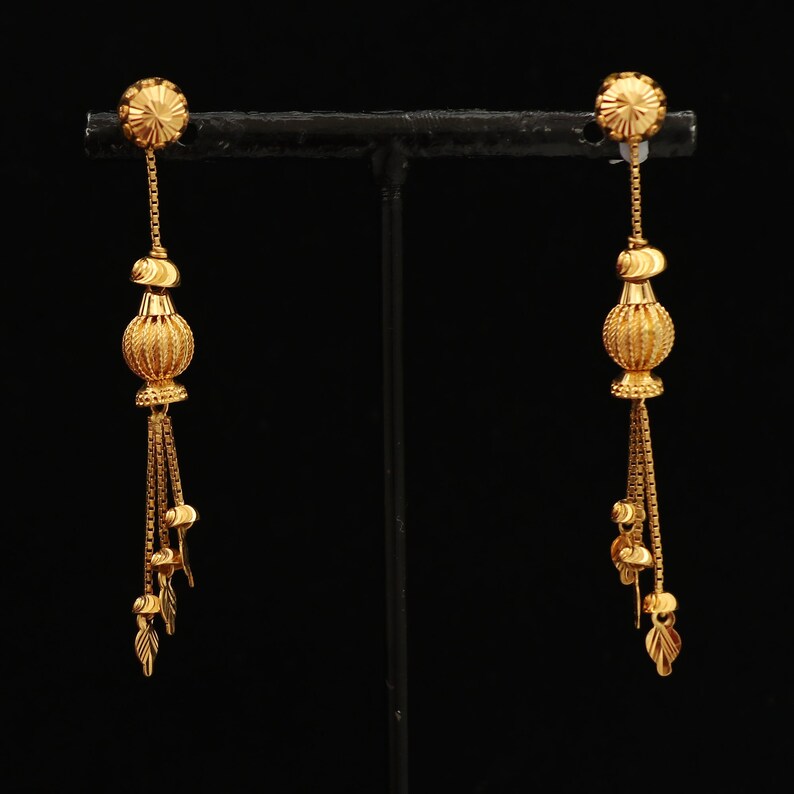 22k Gold Earrings Dainty Huggie Dangle Gold Chain Dangling Etsy