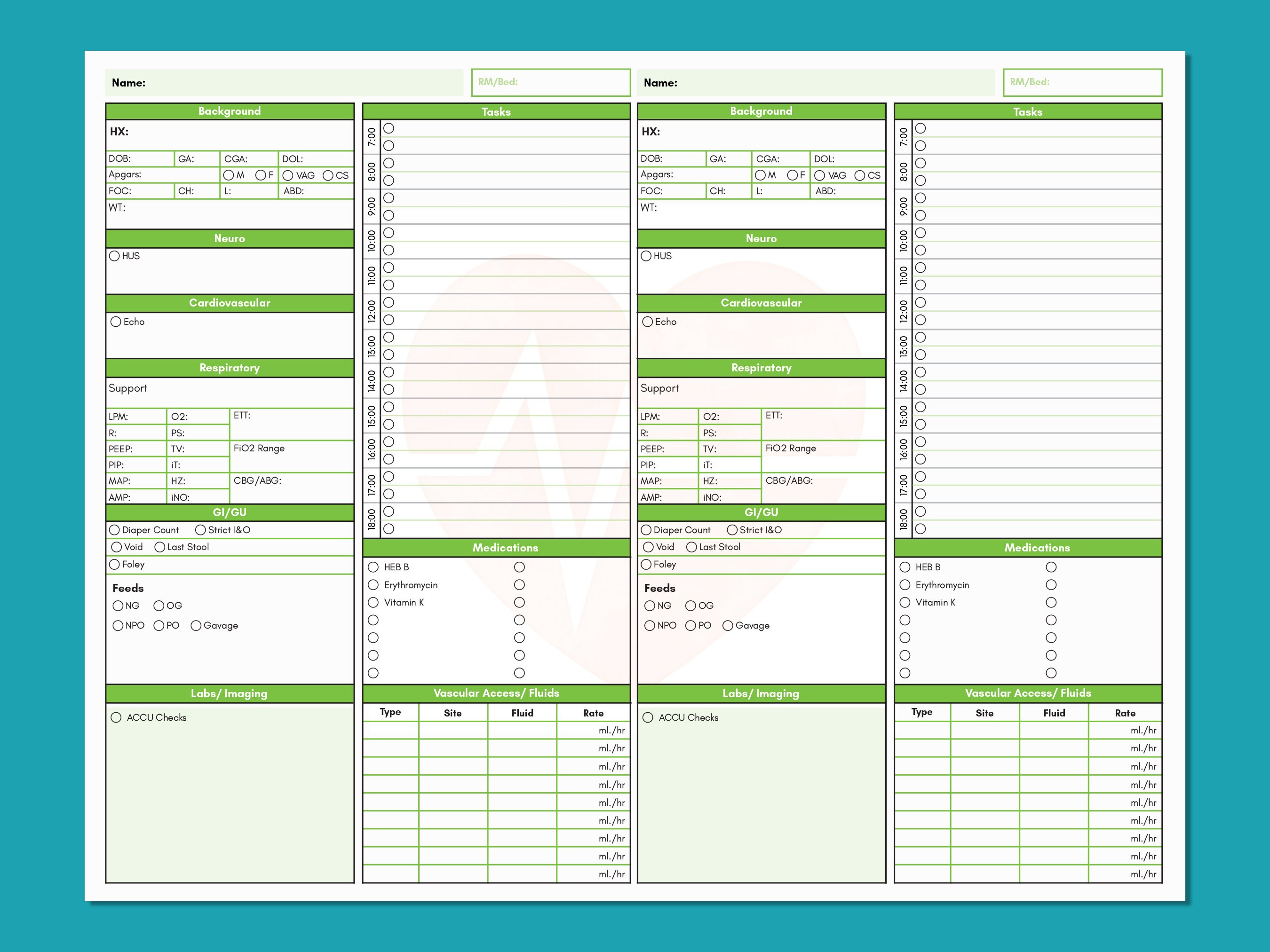 NICU Printable Nursing Report Sheet Nurse Brain Sheet Two - Etsy Canada