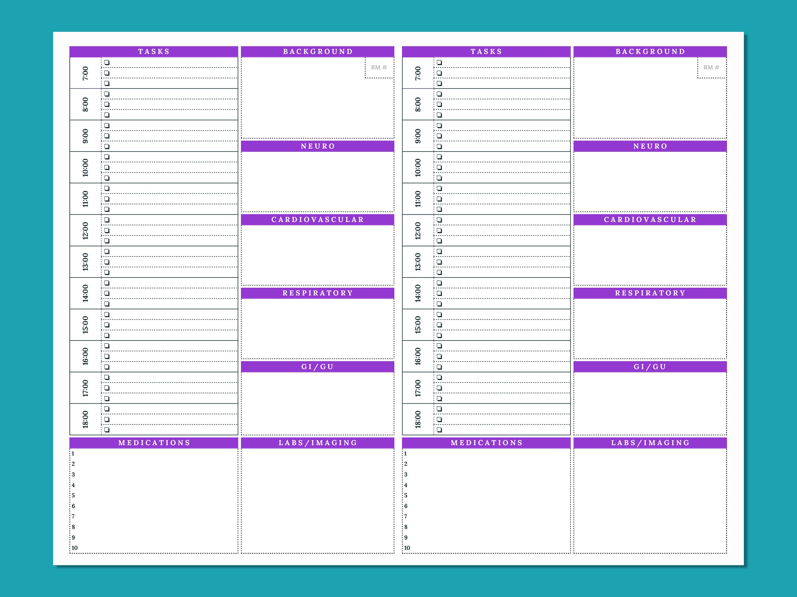 Printable Nursing Report Sheet, Nurse Brain Sheet, Two Patient Report ...