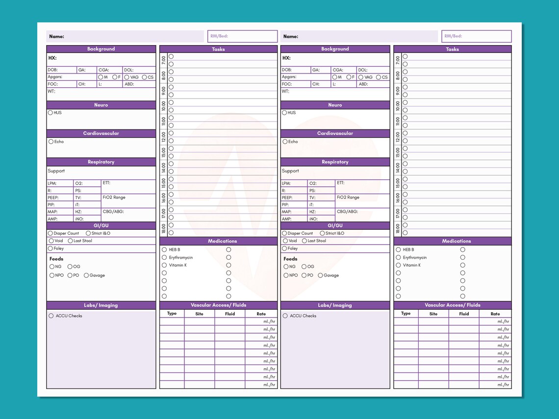NICU Printable Nursing Report Sheet Nurse Brain Sheet Two Etsy Canada