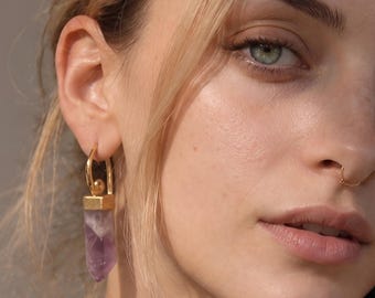 Ametistspiralörhängen i mässing för sträckta öron | Tribal Boho Smycken