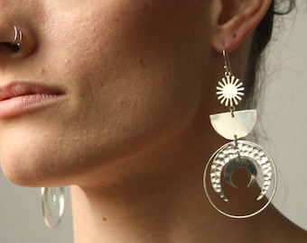 Moon and Sun Silver Earrings. Long Silver Dangling Earrings with Crescent Moon. Celestial Jewelry for Modern Witches. SUAYART.