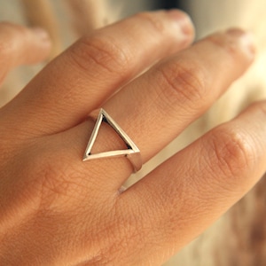 Pode incluir: Um anel de prata com um design triangular oco. O anel geométrico é usado em um dedo, destacando seu estilo minimalista e moderno. As linhas limpas e a forma aberta do anel criam um contraste visual marcante.