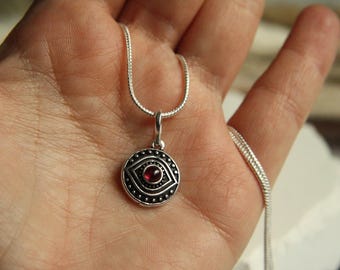 Third Eye Pendant in Silver with Garnet – Gothic, Mystical & Esoteric Necklace – Spiritual and Symbolic Jewelry. SUAYART.