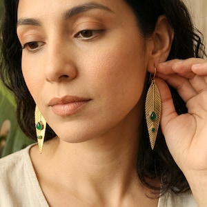 Long Brass Leaf Earrings | Green Onyx, Ruby, Moonstone | Boho Elegant Jewelry