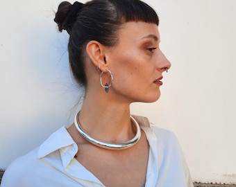 Silver Choker Necklace | Large Tubular Rigid Collar | Egyptian Goddess Style Necklace | Bold And Elegant Jewelry | SUAYART