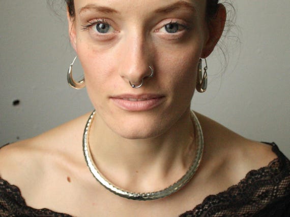 Hammered Silver Choker Necklace Large Rigid Tubular Viking Style