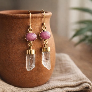 Raw Quartz Earrings with Ruby or Amethyst | Long Brass Earrings | Handmade Jewelry