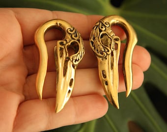 Raven Skull Earrings for Stretched Ears | Heavy Brass Ear Weights | Unisex Tribal Gothic Alternative Jewelry