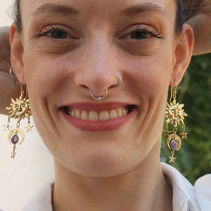 Boucles d'oreilles en or du système solaire – Soleil, lune et étoiles | Bijoux Célestes, Tarot Le Soleil. SUAYART.