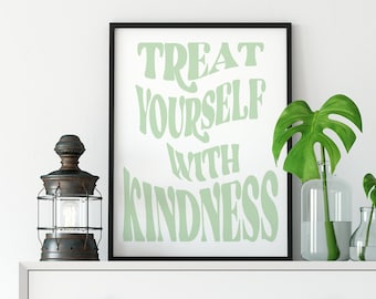 Sage Green Retro Poster - 70s Print - Hippy Poster - Digital Download - Retro Print 70s - Treat Yourself with Kindness