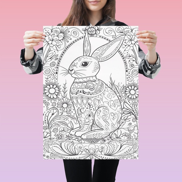 Big Coloring Poster - Easter Bunny Coloring Page - Adult Coloring Page - Large - 24 x 36 inches