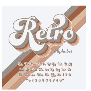 Op de afbeelding: Retro alfabet lettertype met een 3D-effect in wit, bruin en grijs. De letters zijn gestyled met een groovy, jaren 70-sfeer. Het lettertype bevat hoofdletters, cijfers en leestekens.