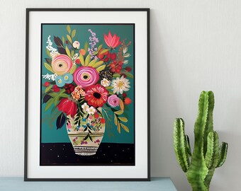 Pink Floral Folk Art Print - Large Digital Download - Folk Floral Poster -