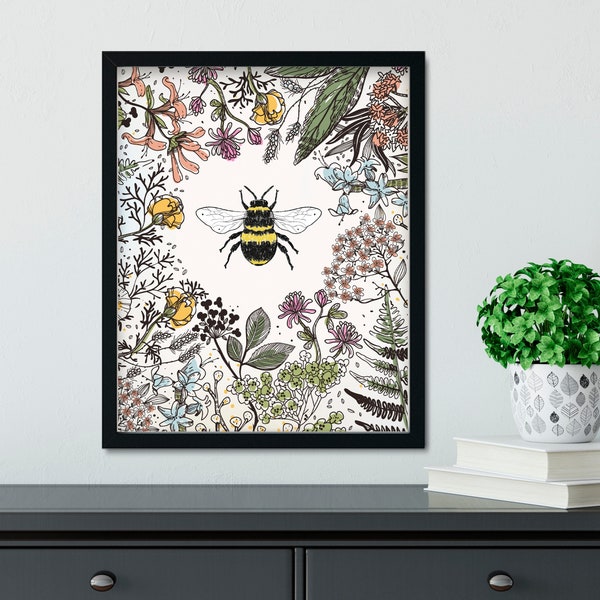 Bee Print - Garden Print - Vintage Floral Poster - Vintage Bee - Digital Download - Floral Print