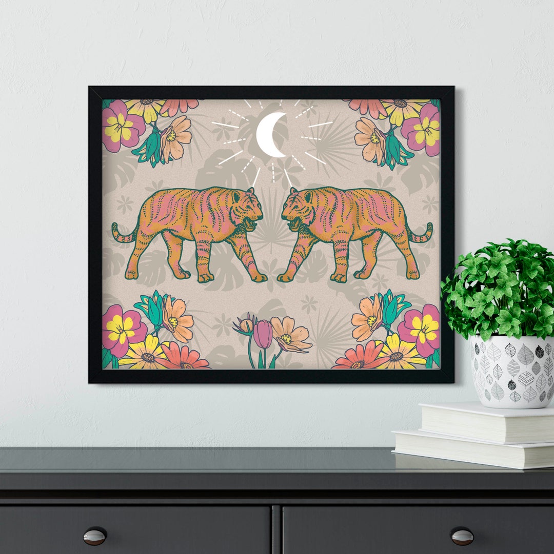 Retro Tiger Print Pink Tiger Print Hippy Poster Digital Download Retro