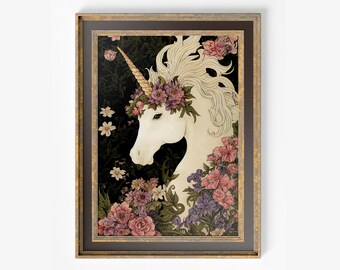 May include: A white unicorn with a horn and a crown of pink and purple flowers against a dark green background.