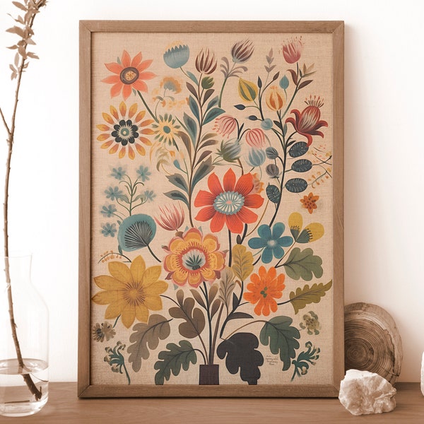 Neutral Painting - Floral Folk Art Print - Mandala Folk Art - Folk Floral Poster - Digital