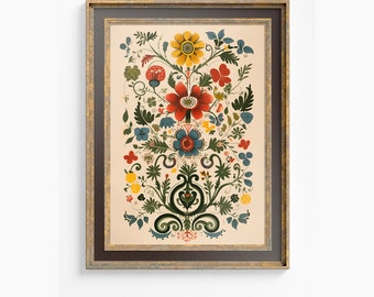 Floral Folk Art Print - Mandala Folk Art - Folk Floral Poster - Digital