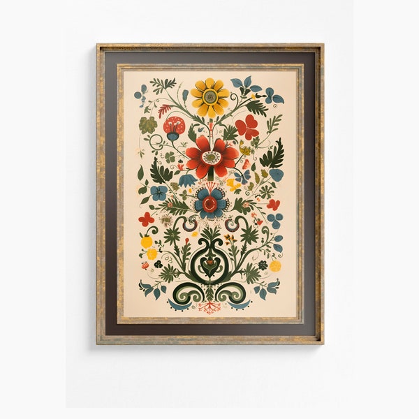 Floral Folk Art Print - Mandala Folk Art - Folk Floral Poster - Digital