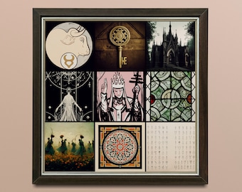 May include: A framed collage of images with a variety of themes, including a bull, a key, a church, a stained glass window, a woman in a crown, a mandala, and a grid of symbols. The frame is dark brown wood.