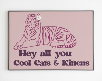 Retro Tiger Print - Pink Tiger Print - Hippy Poster - Digital Download - Retro Print - Cool Cats