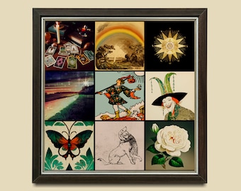 May include: A framed collage of nine images, including a butterfly, a wolf, a rose, a tarot card, a jester, a rainbow, a star, a landscape, and a set of tarot cards.